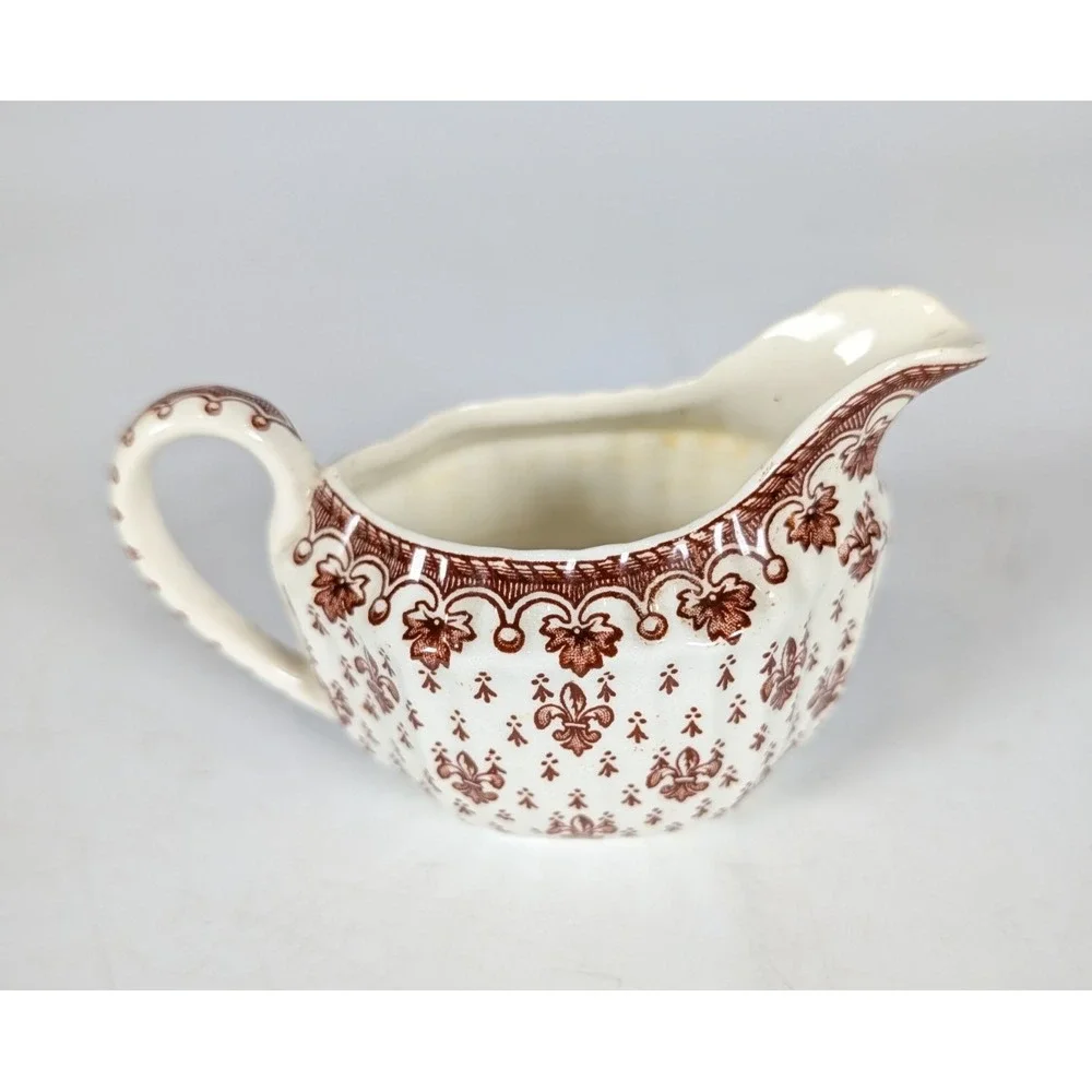 Spode Fleur de Lys Red Tea Pot - Sugar Pot - Creamer Set Bone China Fluted